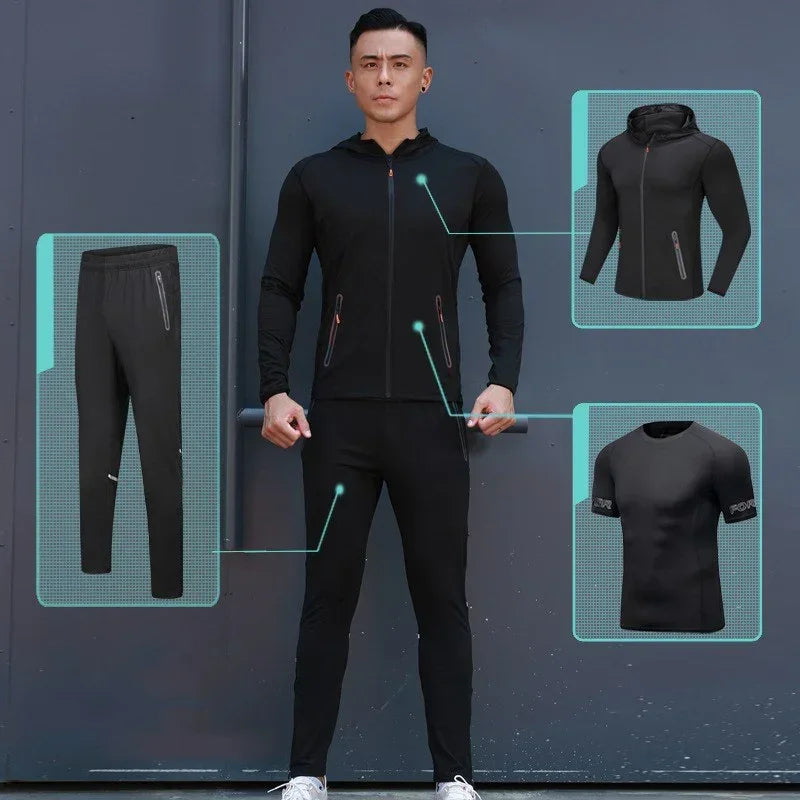 Man wearing a black tracksuit with inset images of the outfit on a dark background