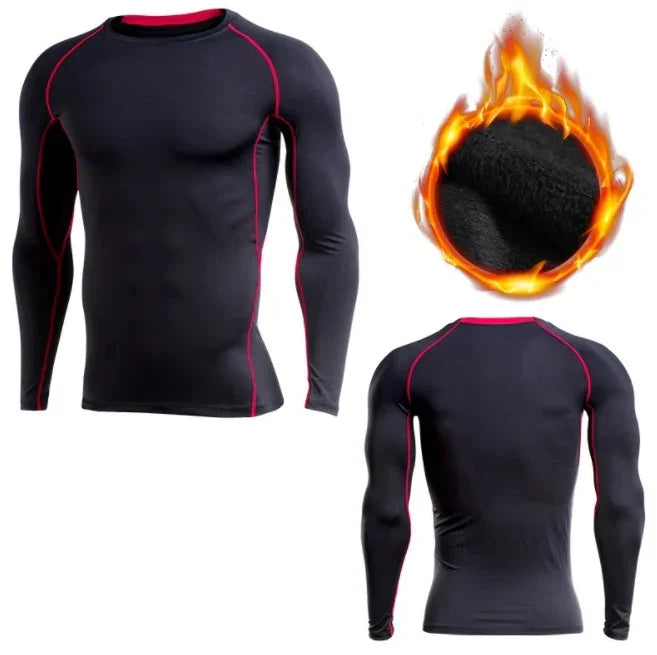 Black long-sleeve athletic shirt with red accents, shown from front, back, and close-up of fabric texture.