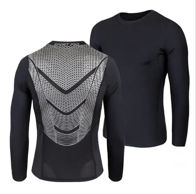 Black long-sleeve athletic shirt shown from front and back on a white background