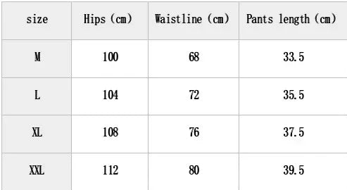 Table displaying clothing size chart with hips, waistline, and pants length measurements.