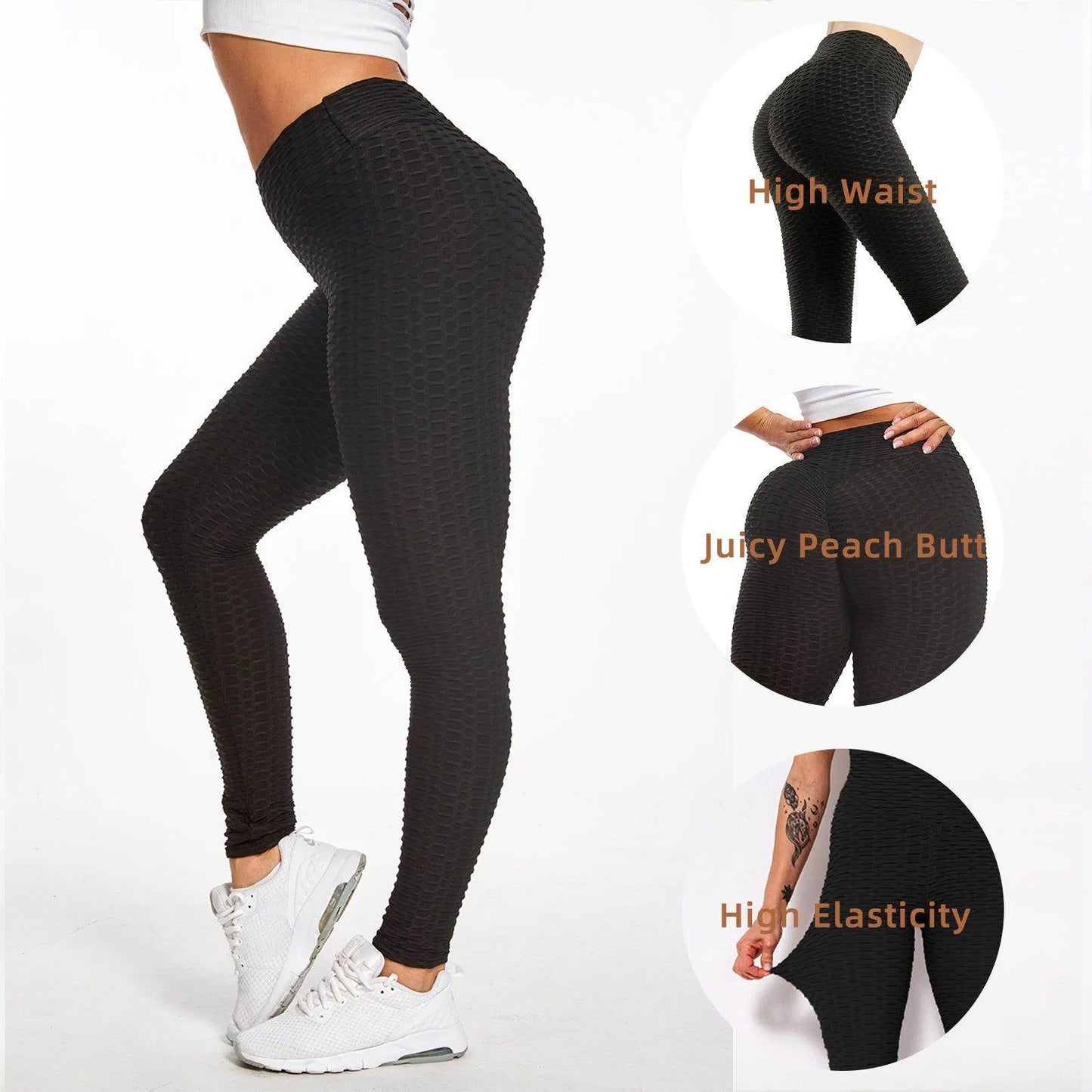 Women Leggings Bubble Textured Leggings Butt Lifting Yoga Pants Black - Anam Online
