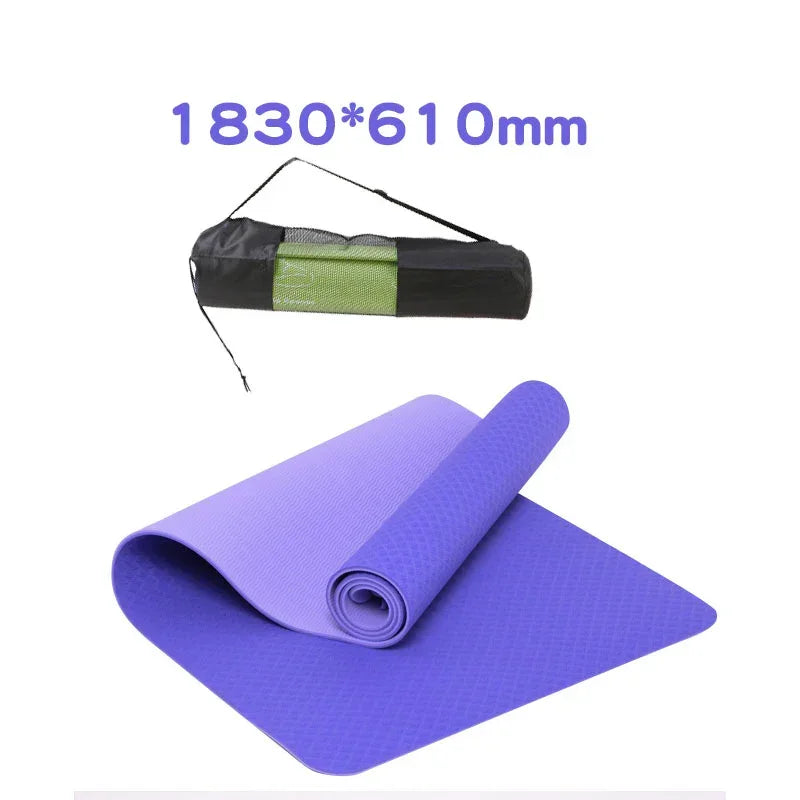 Purple yoga mat with carrying strap on a white background, dimensions displayed.