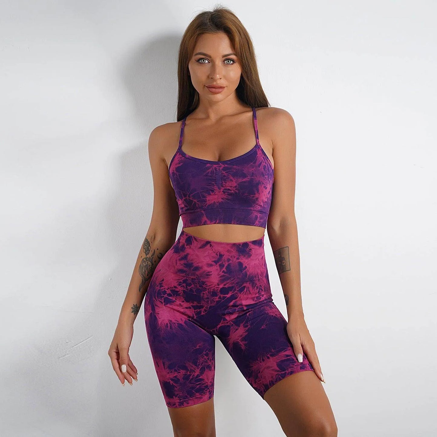 Women Tie-dye Print Yoga Suit Women Fitness Sports High Waist Trousers Or Shorts Set - Anam Online