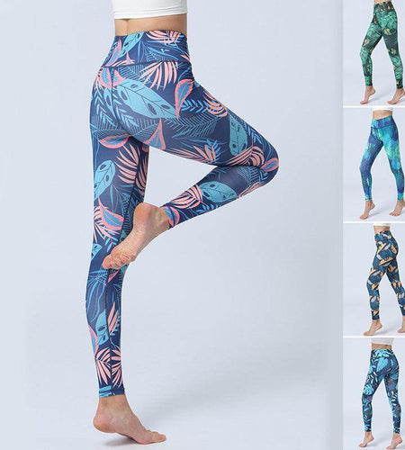 Colorful patterned leggings being worn on a white background with additional images of the leggings.