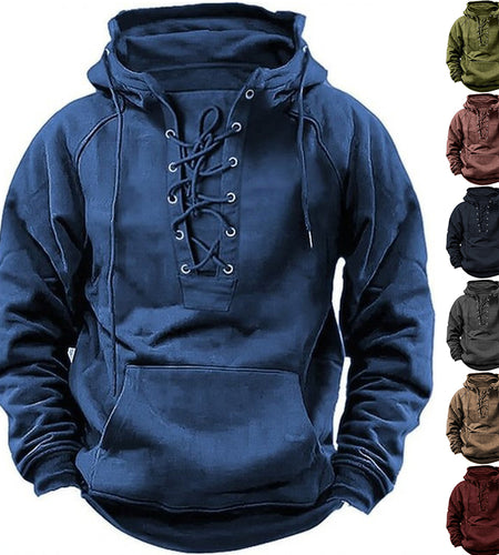 Blue hoodie with lace-up front on a white background, surrounded by other color options.