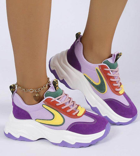 Mixed-Colour Lace-up Sneakers For Women Fashion Casual Lightweight Thick Bottom Running Sports Shoes - Anam Online