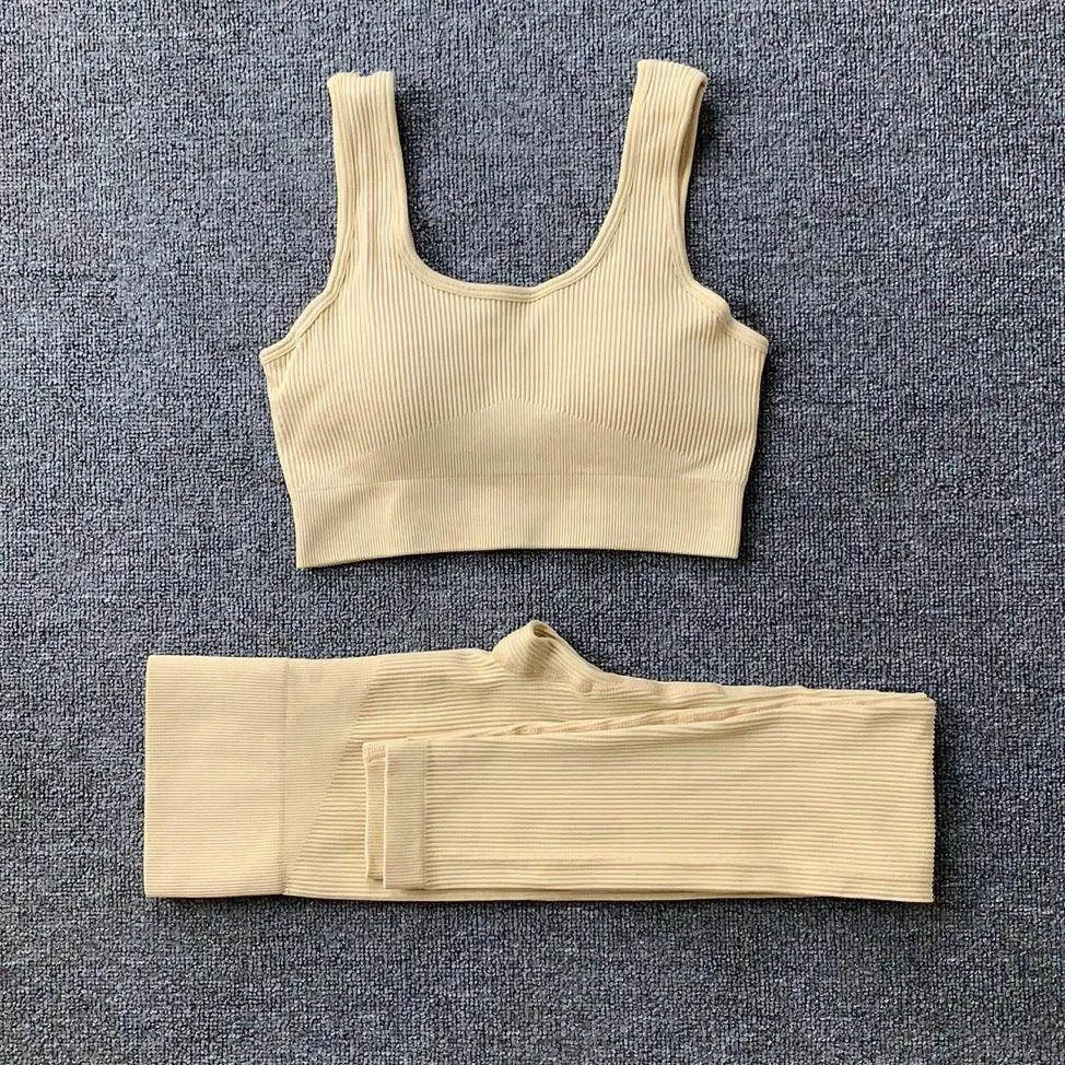 2pcs Thread Yoga Suit Seamless Bra And Butt Lifting High Waist Leggings Set For Women Sports Fitness Yoga Pants Sportswear Outfits Clothing - Anam Online