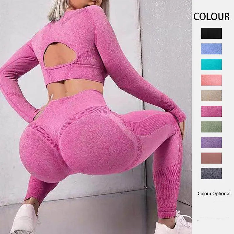 2pcs Sports Suits Long Sleeve Hollow Design Tops And Butt Lifting High Waist Seamless Fitness Leggings - Anam Online