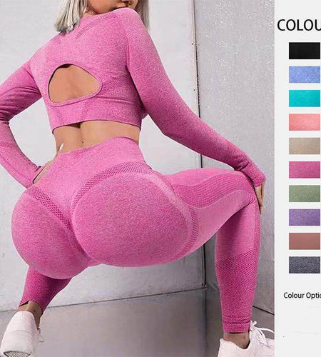 2pcs Sports Suits Long Sleeve Hollow Design Tops And Butt Lifting High Waist Seamless Fitness Leggings - Anam Online