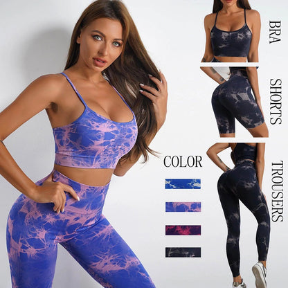 Women Tie-dye Print Yoga Suit Women Fitness Sports High Waist Trousers Or Shorts Set - Anam Online