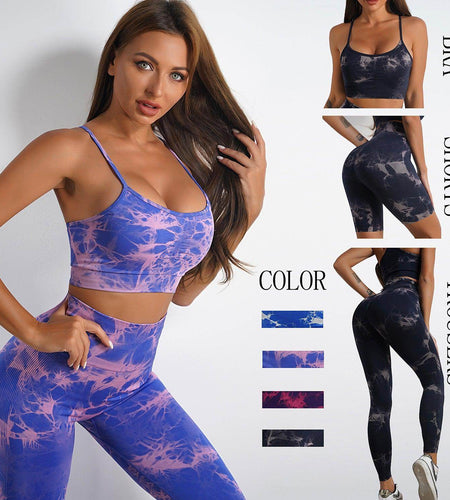Women Tie-dye Print Yoga Suit Women Fitness Sports High Waist Trousers Or Shorts Set - Anam Online