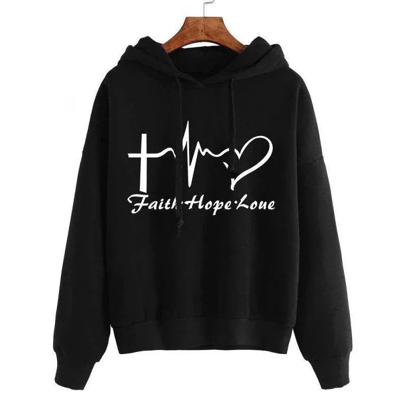 Black hoodie with 'Faith Hope Love' text and symbols on a white background