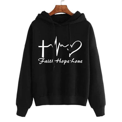 Black hoodie with 'Faith Hope Love' text and symbols on a white background