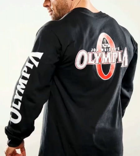 Black long-sleeve shirt with 'Olympia' logo on the back, worn by a person.