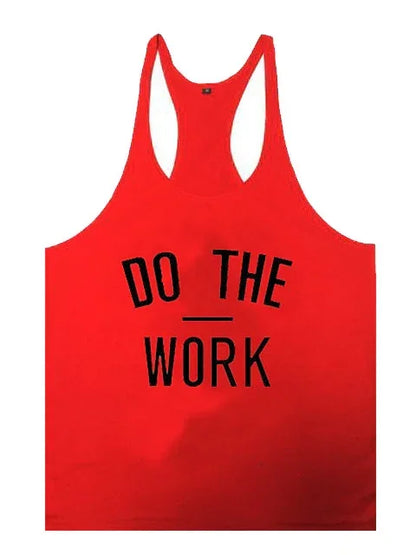 Red tank top with 'DO THE WORK' text on a white background
