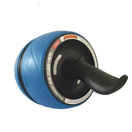 Blue ab roller with black handle on a white background