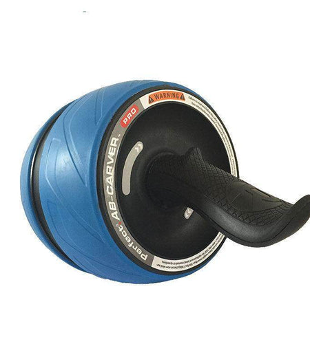 Blue ab roller with black handle on a white background