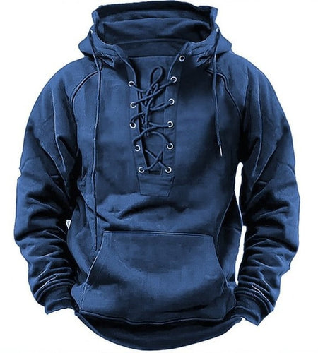 Blue hoodie with lace-up front on a white background