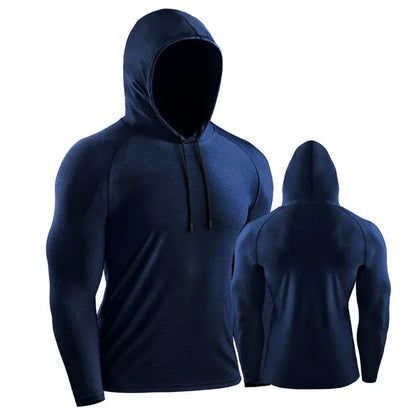 Navy blue hoodie shown from front and back on a white background