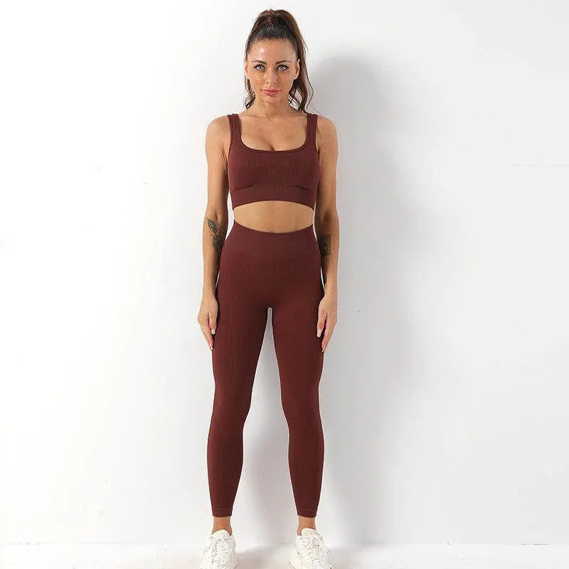 2pcs Thread Yoga Suit Seamless Bra And Butt Lifting High Waist Leggings Set For Women Sports Fitness Yoga Pants Sportswear Outfits Clothing - Anam Online