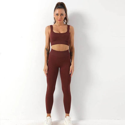 2pcs Thread Yoga Suit Seamless Bra And Butt Lifting High Waist Leggings Set For Women Sports Fitness Yoga Pants Sportswear Outfits Clothing - Anam Online