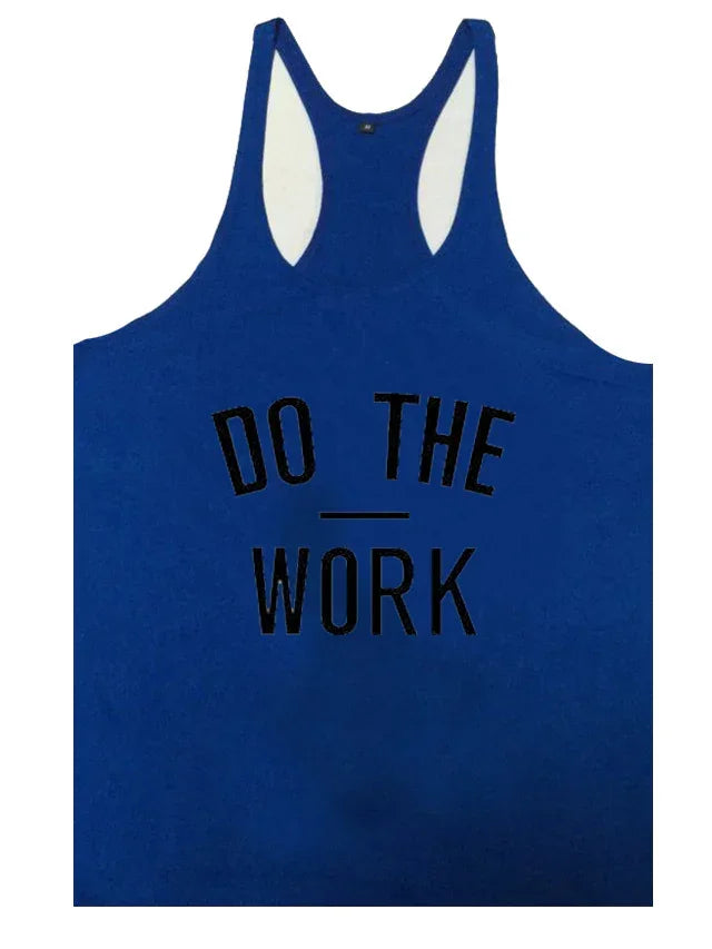 Blue tank top with 'DO THE WORK' text on a white background