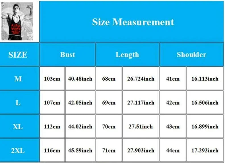 Size measurement chart for clothing with bust, length, and shoulder dimensions.