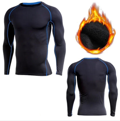 Black long-sleeve compression shirt with blue accents, shown from front, back, and close-up of fabric texture.