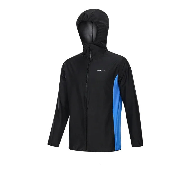 Black raincoat with blue side panel on a white background