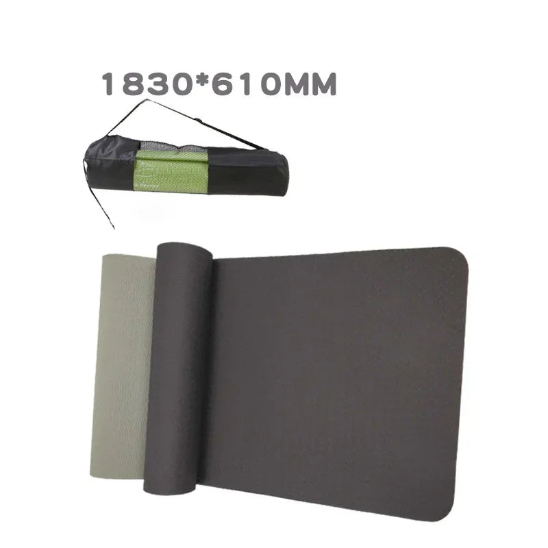 Gray exercise mat with rolled-up and folded states, dimensions displayed.