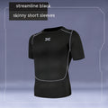Black compression shirt with white logo on a gray background