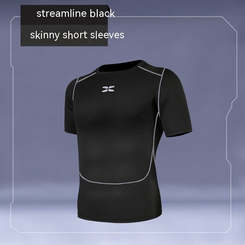 Black compression shirt with white logo on a gray background