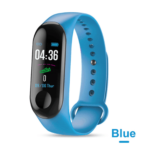 Blue fitness tracker with digital display on a white background