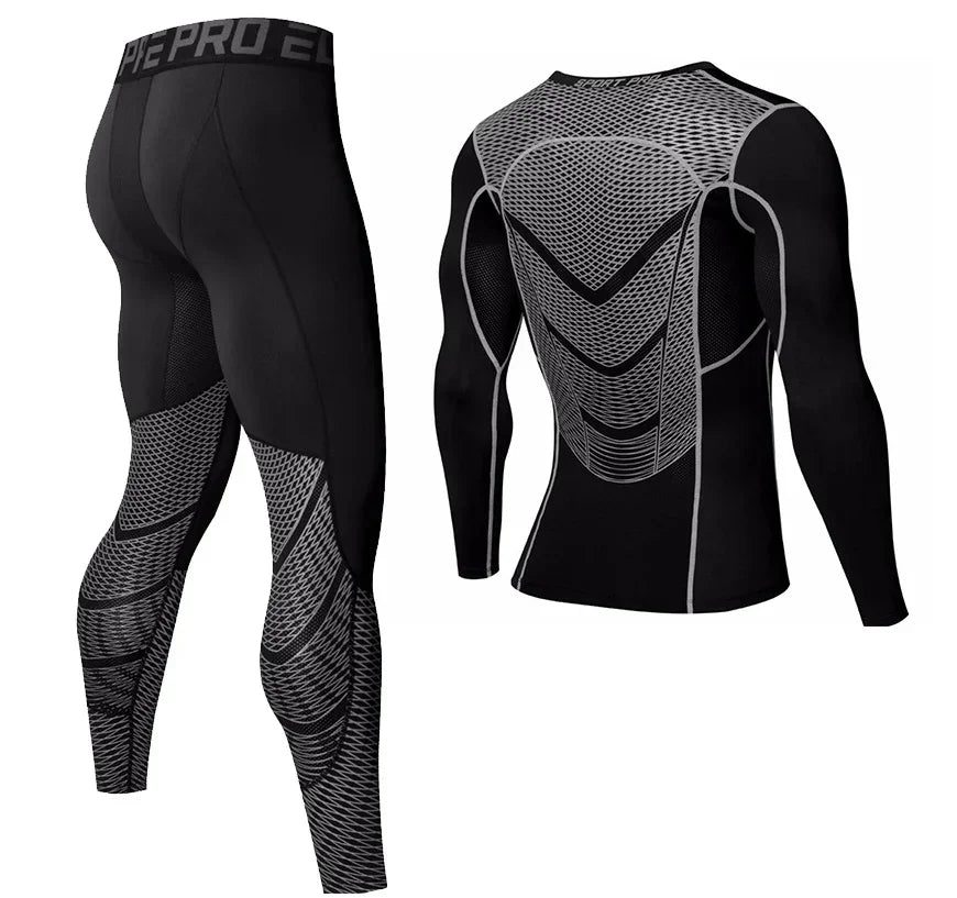 Black compression sports outfit with long-sleeve top and leggings on a white background