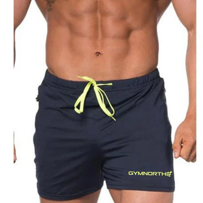Navy blue shorts with a yellow drawstring and brand logo on a white background