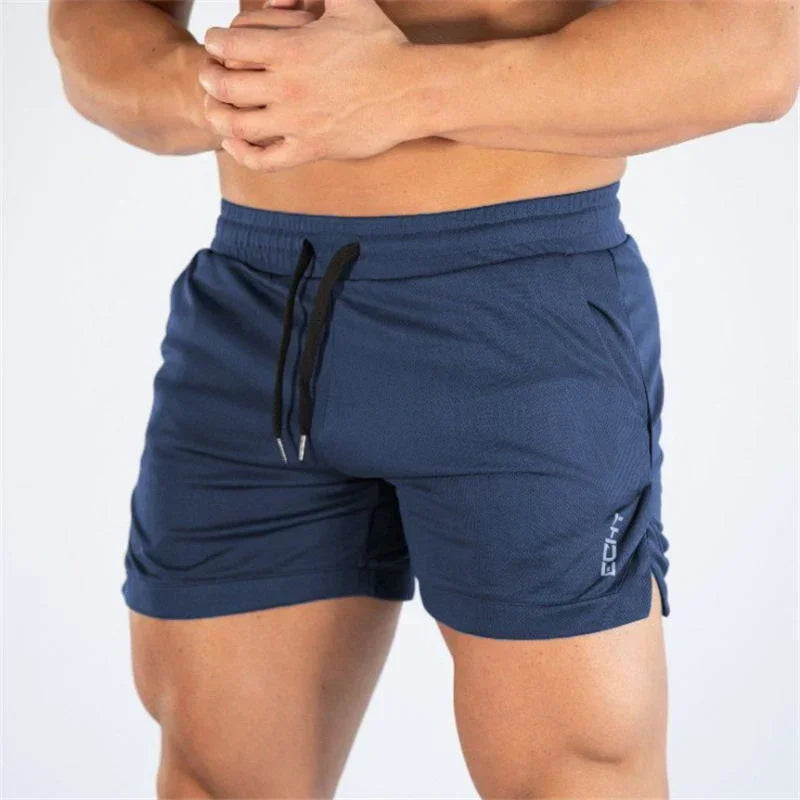 Navy blue shorts with a brand logo on a white background