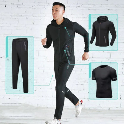 Man wearing a black tracksuit with inset images of different parts of the outfit on a white brick wall background.