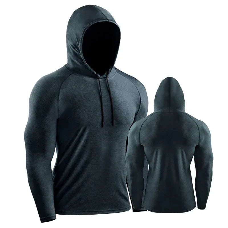 Black hooded long-sleeve shirt shown from front and back on a white background