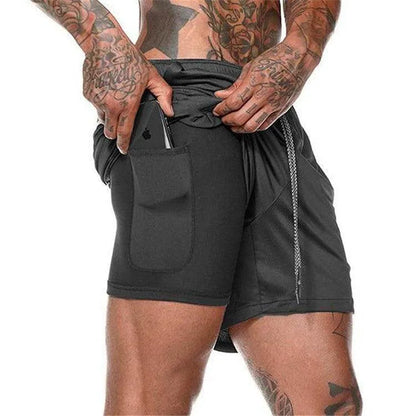 Black athletic shorts with pockets on a white background