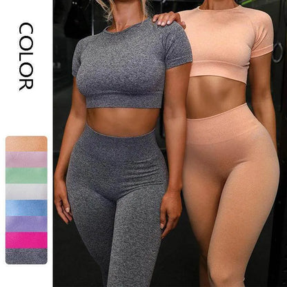Seamless Yoga Sport Set Fitness Women Running Leggings Short Sleeve Tops - Anam Online