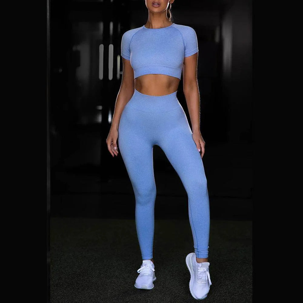 Seamless Yoga Sport Set Fitness Women Running Leggings Short Sleeve Tops - Anam Online