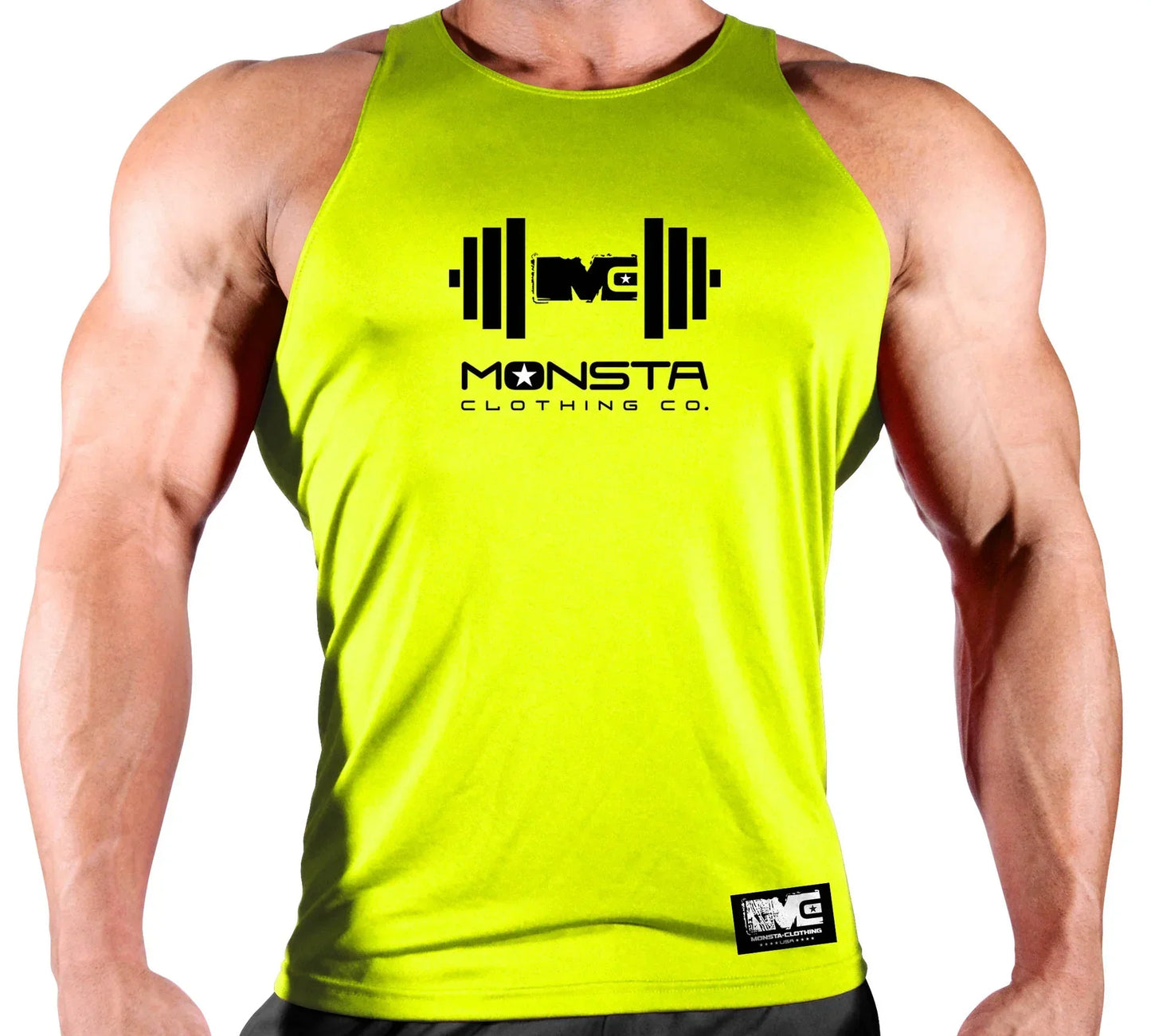Person wearing a bright yellow tank top with 'Monsta Clothing Co.' logo on a white background