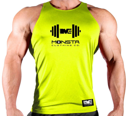 Person wearing a bright yellow tank top with 'Monsta Clothing Co.' logo on a white background