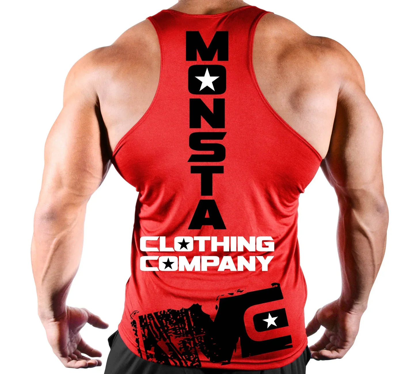 Red tank top with 'Monsta Clothing Company' branding on a white background