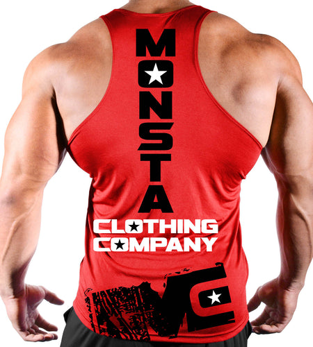 Red tank top with 'Monsta Clothing Company' branding on a white background