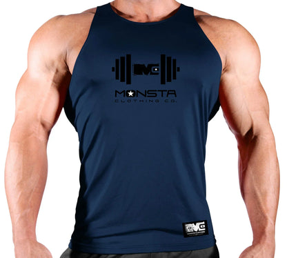 Navy blue tank top with 'Monsta Clothing Co.' logo on a white background