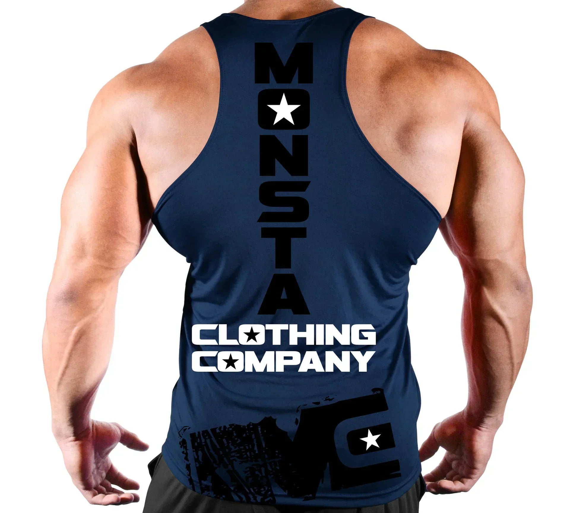 Navy blue tank top with 'Monsta Clothing Company' branding on a white background
