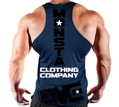 Navy blue tank top with 'Monsta Clothing Company' branding on a white background