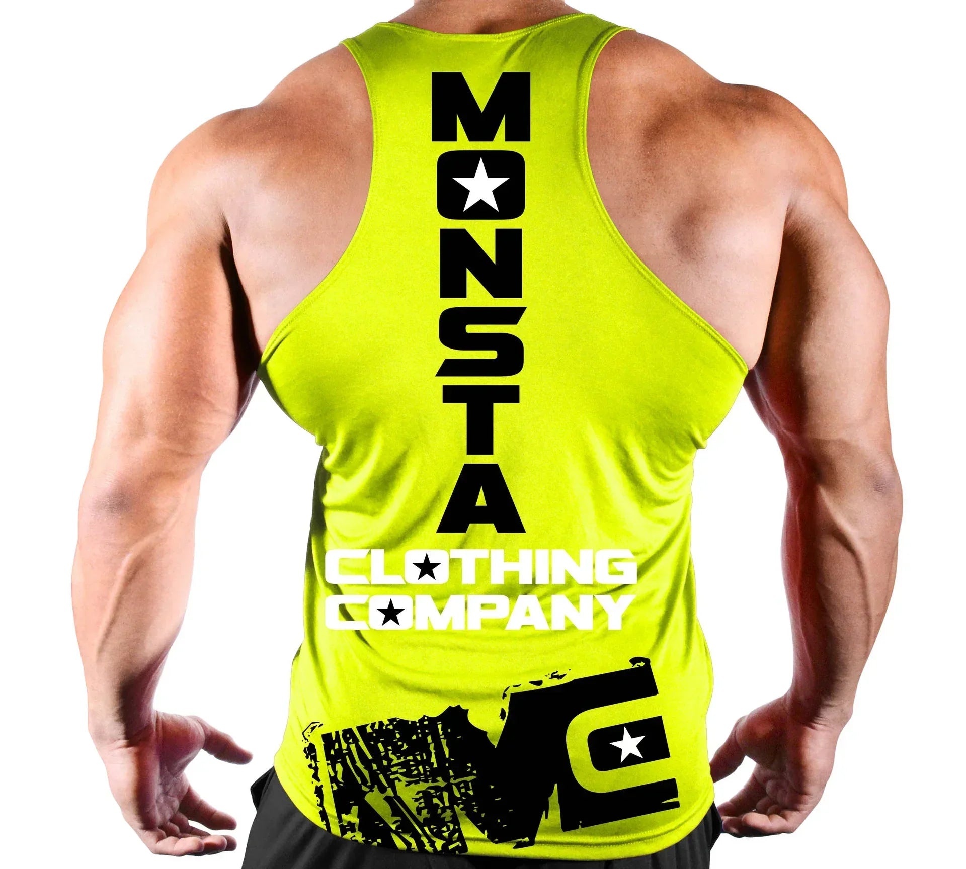 Person wearing a bright yellow tank top with 'MONSTA CLOTHING COMPANY' branding on the back.