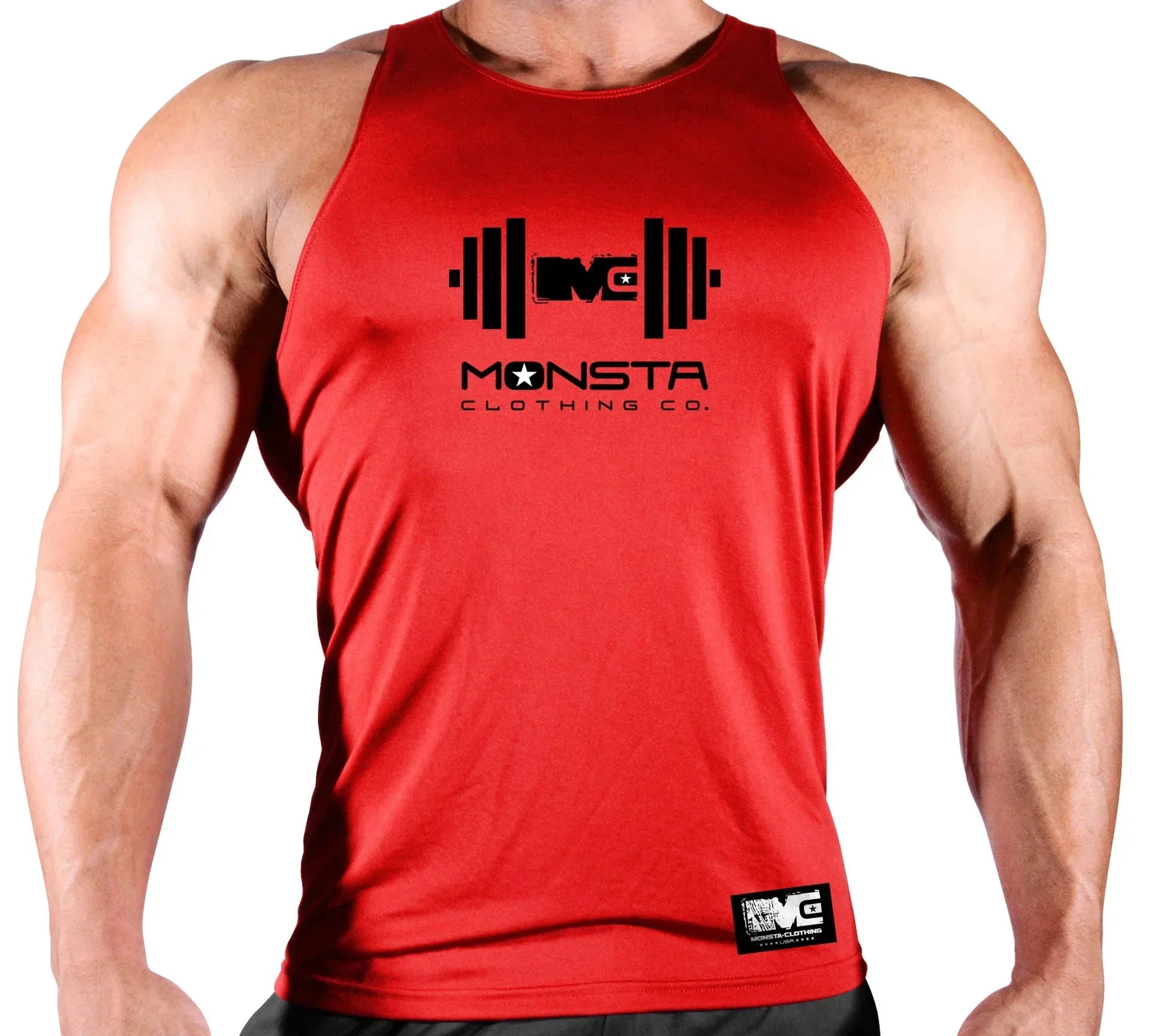 Red tank top with 'Monsta Clothing Co.' logo on a white background